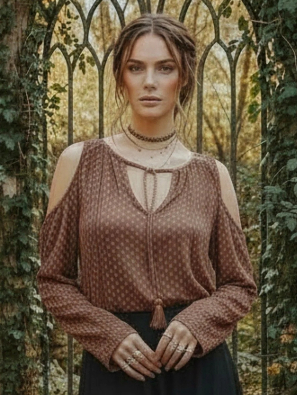 Abercrombie & Fitch Brown Cold-Shoulder Printed Blouse